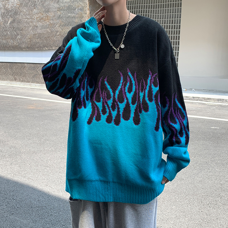 Flame Jacquard Sweater for Men, Hong Kong Style, ins Trendy Brand, Retro Loose and Lazy Bf Style, Couple's Round Neck Knit Top
