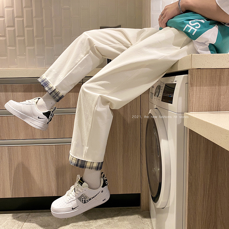 Men's Spring Pants, Japanese Harajuku Style, Trendy Loose Casual Cropped Pants, Student Drape Straight-Leg White Wide-Leg Pants