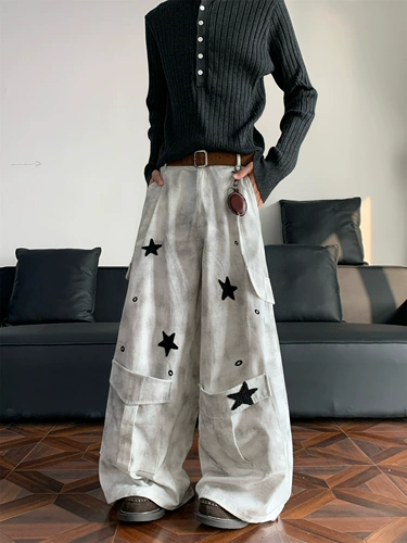 Американский стиль, грязно окрашенные, потертые комбинезоны со звездами, мужские уличные хип-хоп свободные широкие брюки в стиле хип-хоп, джинсы-мачете для мытья полов