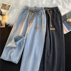 Джинсы мужские 松紧腰浅色牛仔裤男春季潮牌宽松直筒覆古高街水洗百搭休闲长裤子