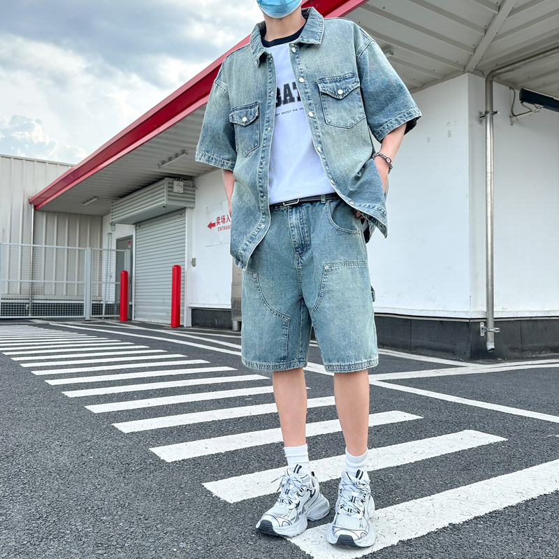 Blue Denim Work Shirt for Men, High-End, Cool and Handsome, American Street Style, Retro Short-Sleeved Shorts, Summer Two-Piece Set