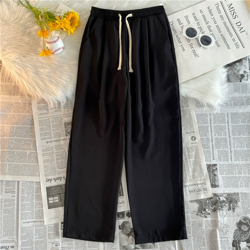 Летние шелковые однотонные штаны, повседневные брюки, эластичная талия, свободный прямой крой