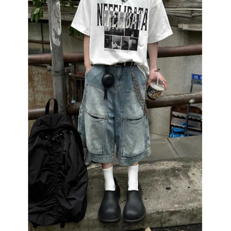 American-Style Heavy-Duty Washed Multi-Pocket Cropped Denim Shorts for Men and Women, High Street Vintage Loose Wide-Leg Workwear Shorts