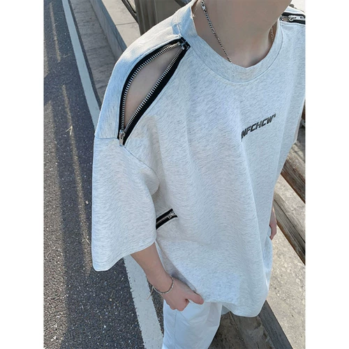 Дизайнерская футболка с коротким рукавом с молнией, рубашка, в американском стиле, тренд сезона, круглый воротник