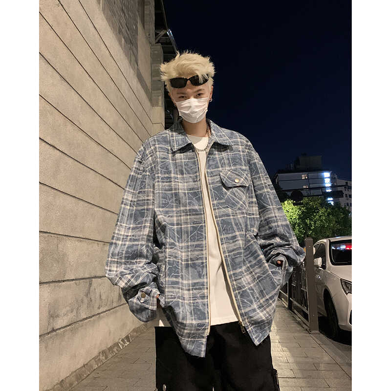 Plaid Shirt Zipper Cardigan Jacket for Men, American Classic Retro Street Style, Cool and High-End with Shoulder Pads and Pockets