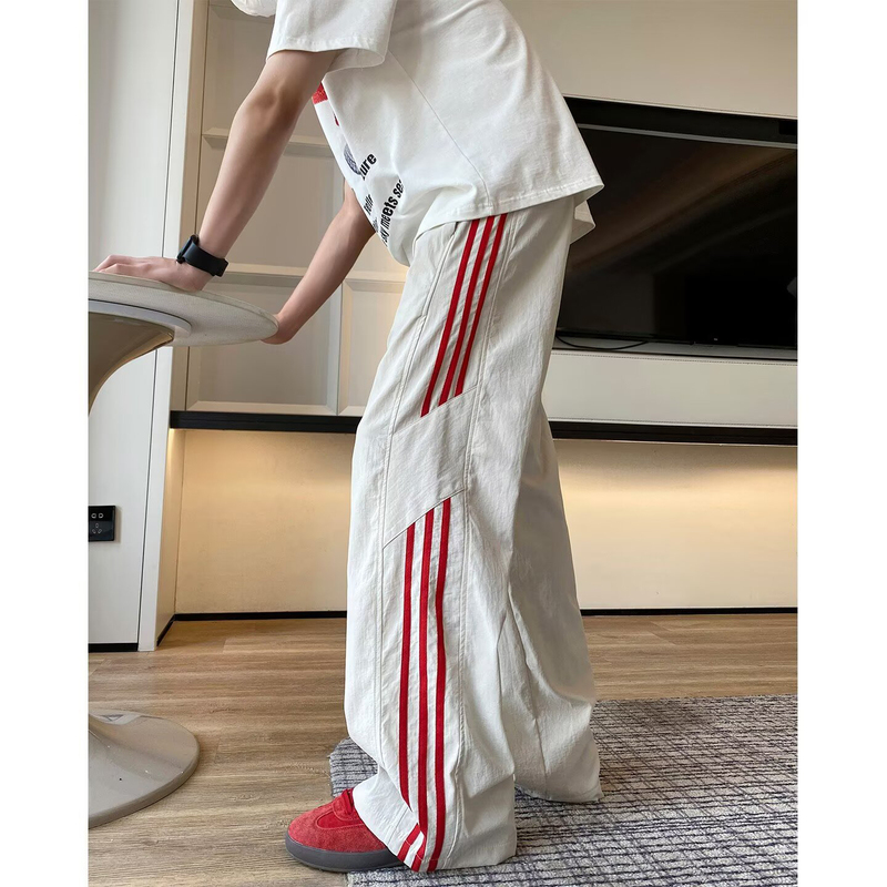 American-Style Casual Quick-Dry Pants for Men, Trendy Sports Streetwear, Loose Fit, Three-Stripe Design, Drapey Straight-Leg Wide-Leg Cargo Pants