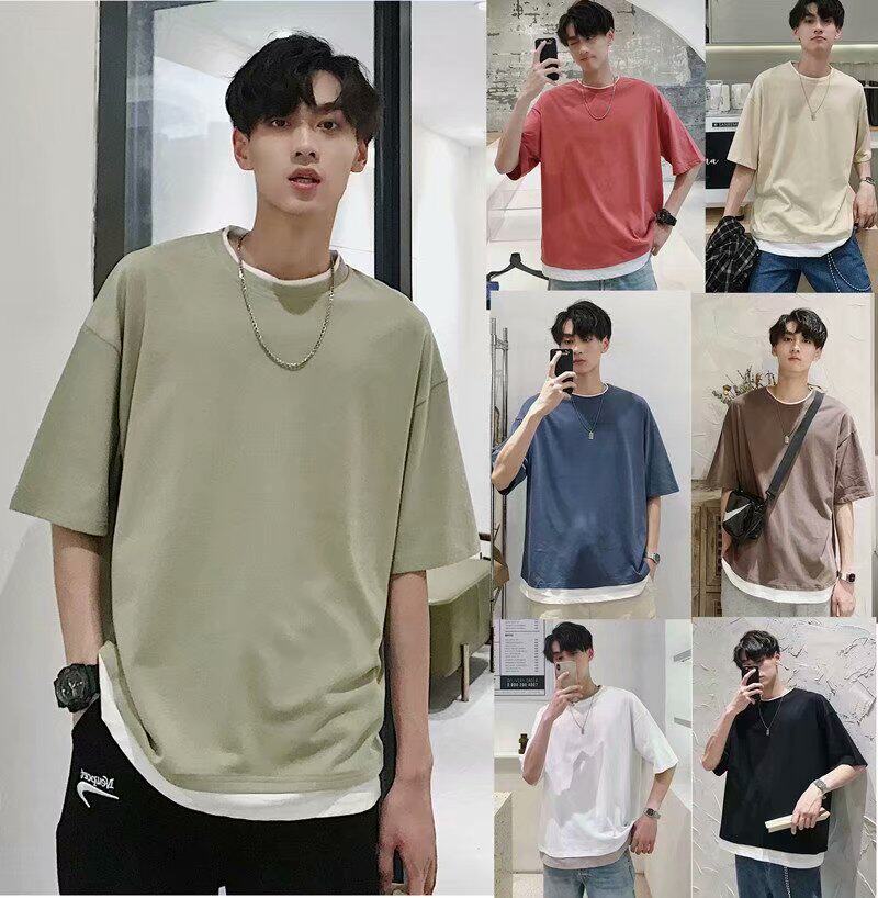 Summer fake two-piece short-sleeved T-shirt men's loose round neck solid color half-sleeved youth trend Hong Kong style couple t-shirt