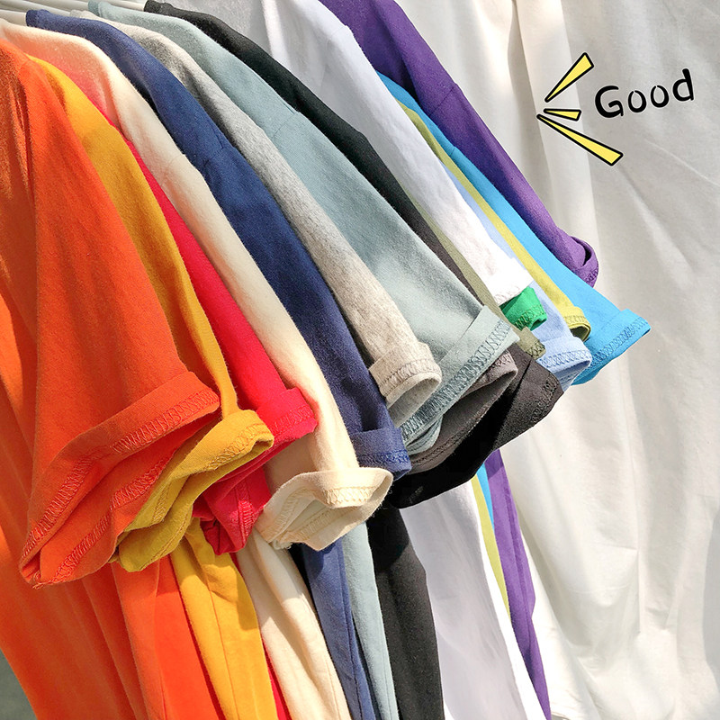 PURE COTTON PURE COLOR SHORT SLEEVE T-SHIRT MALE WAVE LOOSE PORT WIND INS 100 HITCH STUDENT COUPLE MEN AND WOMEN ROUND-COLLAR T-SHIRTS BOTTOM JERSEY