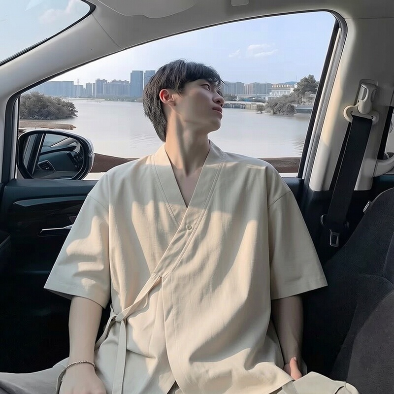 Summer New Chinese-Style Diagonal Placket Tie Short-Sleeve Shirt for Men, Solid Color Loose V-Neck Casual Top, Chinese-Style Robe Jacket