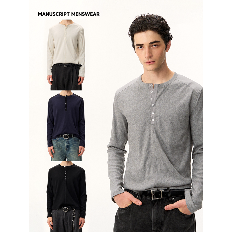 Manuscript Henry Collar Patchwork Base Layer Textured Button-Down Half-Open Placket Ribbed Loose Long-Sleeve Top Manuscript Henry Collar Patchwork Base Layer Textured Button-Down Half-Open Placket Ribbed Loose Long-Sleeve Top