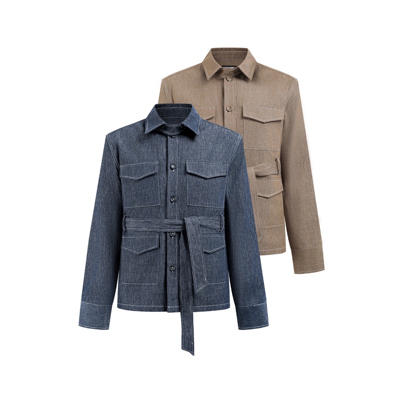Manuscript Hunting-Style Tie-Front Shirt, Silk-Like Cotton-Linen Blend, Regular Shoulder, Turn-Down Collar, Tie-Front Long-Sleeve Shirt