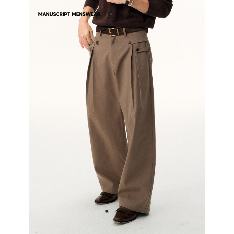 Manuscript Napoleon Buttoned Trousers Lyocell Blend Pleated High-Waisted Straight A-Line Long Pants Manuscript Napoleon Buttoned Trousers Lyocell Blend Pleated High-Waisted Straight A-Line Long Pants
