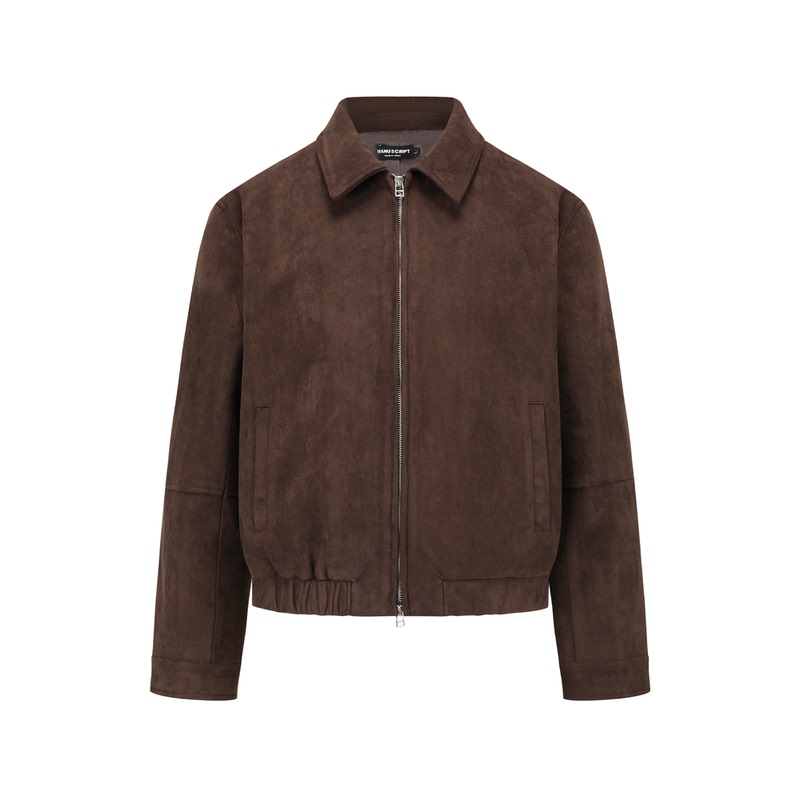 Manuscript Faux Suede Jacket, Regular Shoulder Fit, Lapel Collar, Short Vintage Hunting-Style Textured Coat