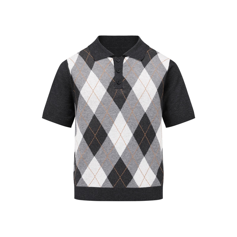 Manuscript Argyle Polo Wool Short Sleeve Casual Regular Fit British Style Summer Plaid Turn-Down Collar T-Shirt