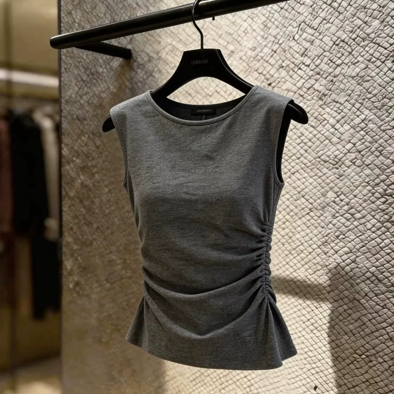 Korean Style Gray Sleeveless Vest for Women, Summer Waist-Cinching Slimming Design, Unique Pleated Drawstring Chic Tank Top
