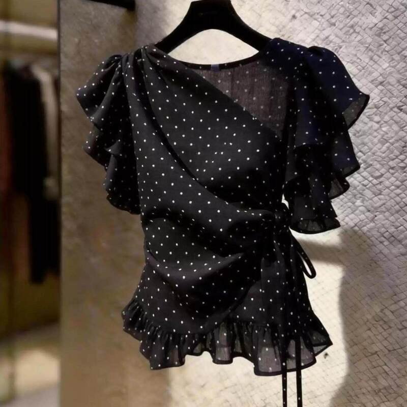 Black Polka-Dot Chiffon Short-Sleeved Shirt for Women in Summer with Waist-Cinching Design, Niche Tie-Up Irregular Ruffle Top