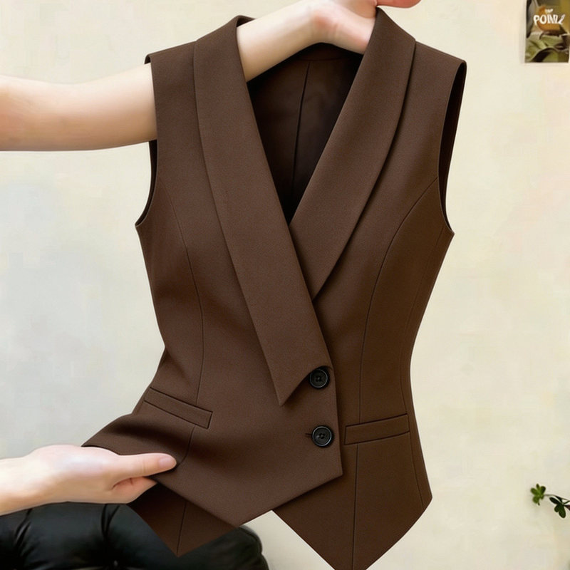 Retro Style Slim-Fitting Suit Collar Sleeveless Vest for Women, New Summer Design, Niche Double-Button Slimming Coffee-Colored Shirt