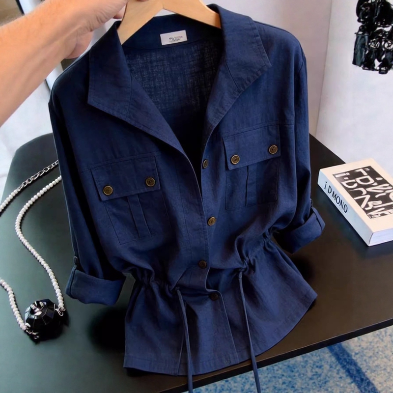 Korean Style Retro Workwear Long-Sleeved Shirt for Women in Spring and Autumn, Loose Design, Niche Waist-Cinching Tie, High-End Top