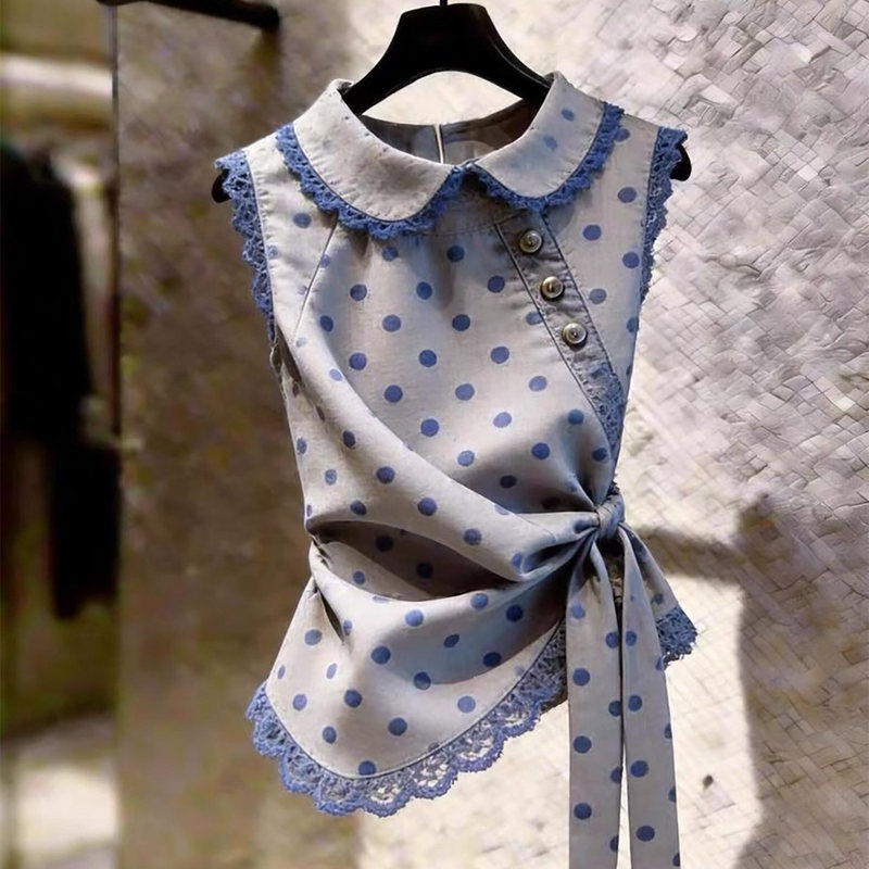 Retro Polka-Dot Lace-Trimmed Doll-Collar Sleeveless Vest for Women, Summer Waist-Cinching Strap Design, Niche Asymmetrical Top