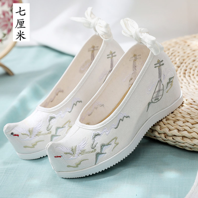 Inner heightening ancient costume Hanfu shoes women's wedge heels ancient style warped head bow shoes high heels retro ethnic style elegant embroidered shoes