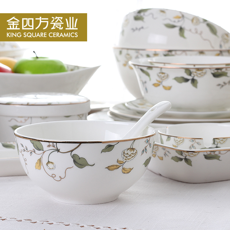 Gold square in 52 head ipads porcelain tableware wedding dishes Chinese creative ceramic bowl 22-32 head home outfit
