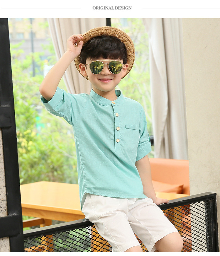 Chàng trai mùa hè ăn mặc thủy triều cậu bé t- shirt trẻ em ngắn- tay áo sơ mi trong cậu bé lớn bông và lanh tay áo 12-15 tuổi thời trang cho bé