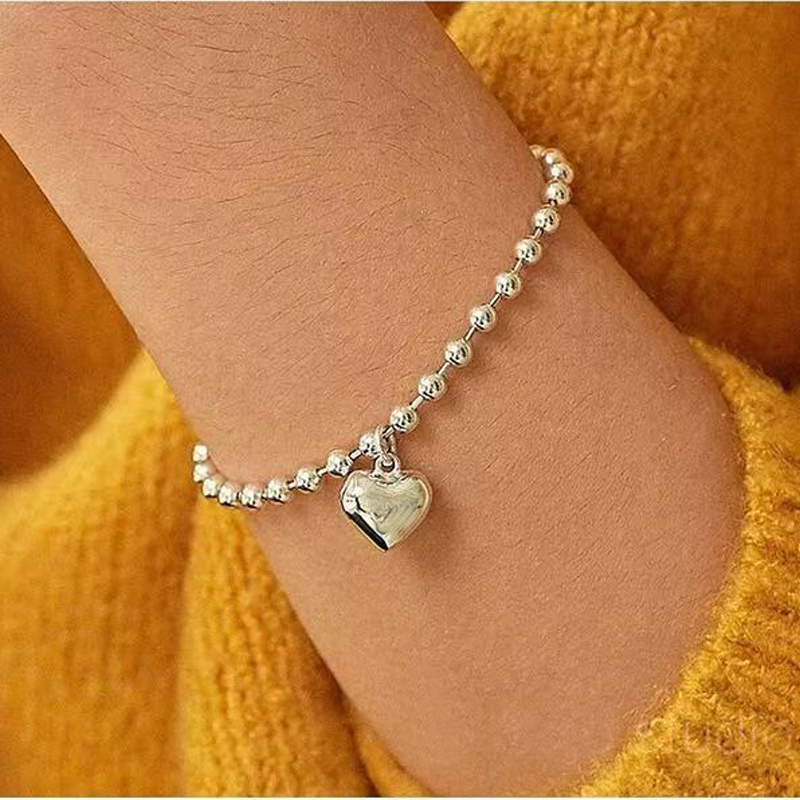Japanese and Korean Children's Pure Silver Heart Bead Bracelet, Simple and Versatile, Fashionable Birthday Gift, Can Be Engraved with Names