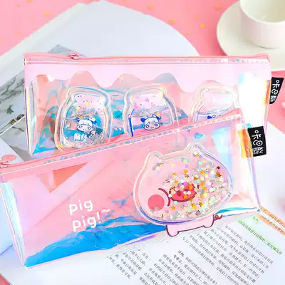 Primary school student pencil bag Cute pink girl heart pig laser pencil bag Female ins tide Japanese creative personality funny net red Quicksand simple art transparent stationery box into oil pencil bag wholesale