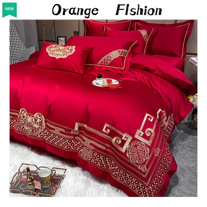 High-end home textile 100 long suede cotton wedding qing Four sets of big red wedding bed products Six sets of new wedding bed linen