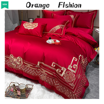 High-end home textile 100 long suede cotton wedding celebration four sets of large red wedding bed products six pieces of new wedding bed linen