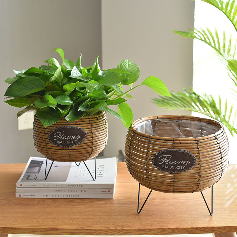 Creative Nordic straw weaving flower basket bamboo weaving rattan weaving flower pot green lotus weaving basket basket set flower blue weaving basket