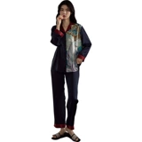 安之伴 Шелковая осенняя демисезонная пижама, лонгслив, мультяшный кардиган, комплект, свободный крой