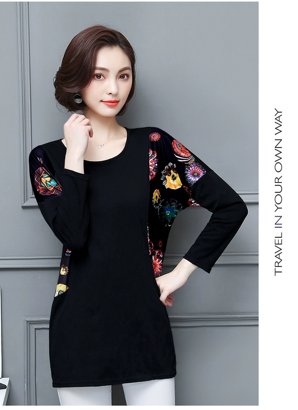 Áo sơ mi nữ bụng rộng kích thước lớn mới béo mm dài phần rộng áo thun mỏng tay dài mùa thu mẹ áo khoác tuổi trung niên