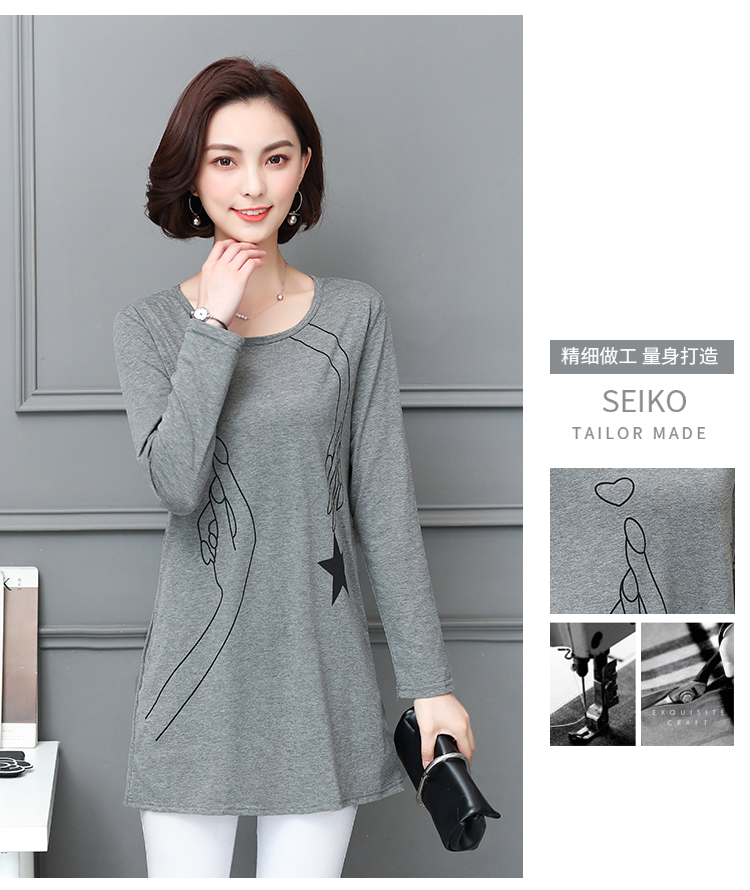 Áo thun dài tay mùa xuân và quần áo mùa thu mặc rộng rãi cộng với phân bón XL áo sơ mi nhỏ cho mẹ trung niên áo phông nữ có cổ