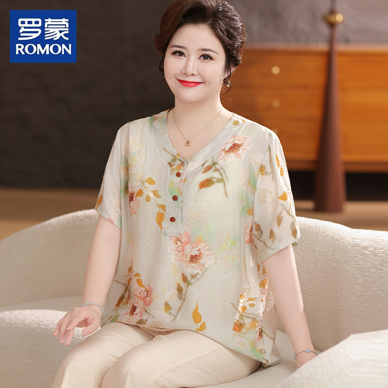 Romon Plus-Size Mom Summer Cotton Short-Sleeve T-Shirt Middle-Aged Women Extra-Large Loose Top Set 26 New Styles