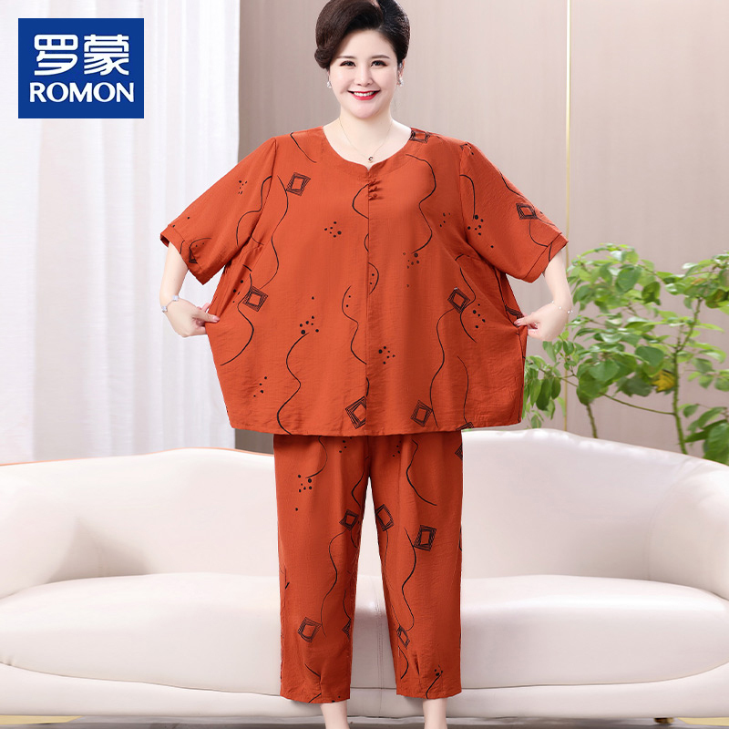 Romon Plus-Size Summer Cotton Short-Sleeve T-Shirt for Middle-Aged and Elderly Women, Large Size Loungewear Pajama Two-Piece Set Romon Plus-Size Summer Cotton Short-Sleeve T-Shirt for Middle-Aged and Elderly Women, Large Size Loungewear Pajama Two-Piece Set