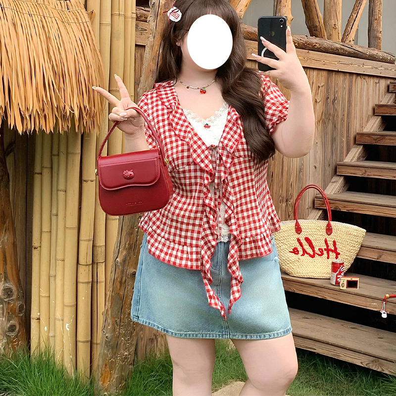 2026 Plus-Size Women's Clothing, Sweet and Cute, Age-Reducing Cherry Red Plaid Casual Lace-Up Ruffled Fake Two-Piece Shirt That Covers the Body 2026 Plus-Size Women's Clothing, Sweet and Cute, Age-Reducing Cherry Red Plaid Casual Lace-Up Ruffled Fake Two-Piece Shirt That Covers the Body
