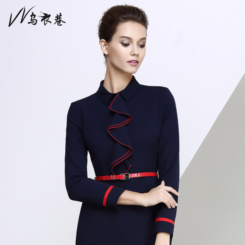 Ouchou Alley Spring Autumn Tooling Foreign Dress Work Clothes Fashion Hidden Cyan Collision Color Lotus Leaf Side Splicing Professional Women's Skirts