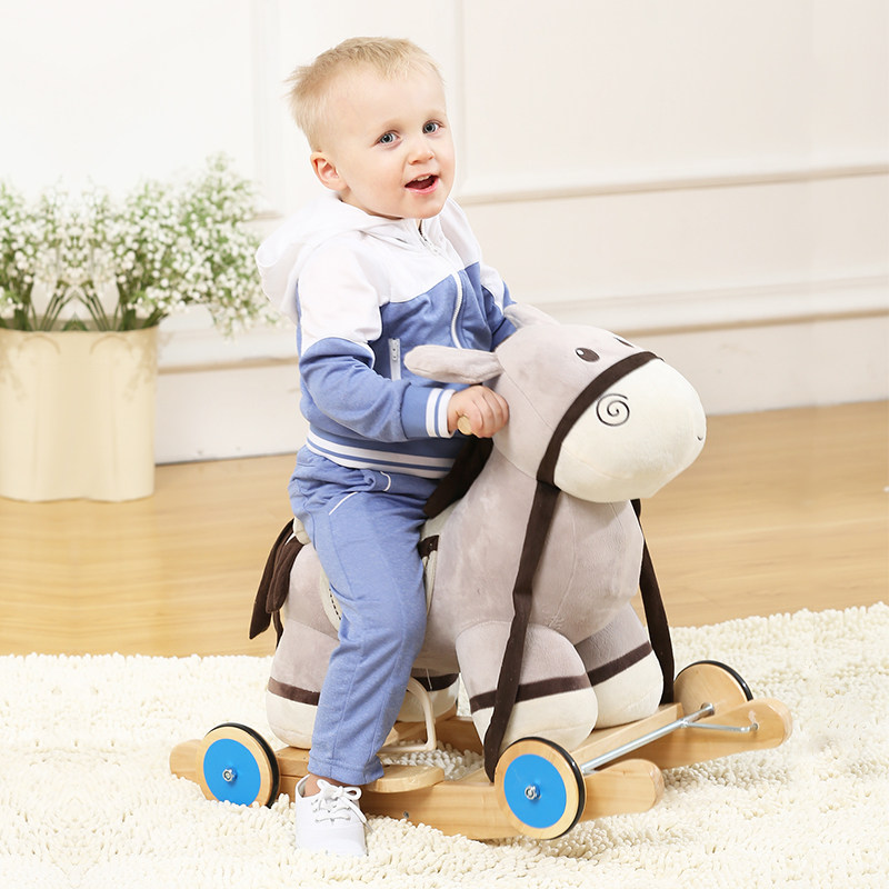 Children's wooden horse, rocking horse, sliding car, two-in-one belt, music, solid wood, dual-use, baby baby toy, one-year-old gift