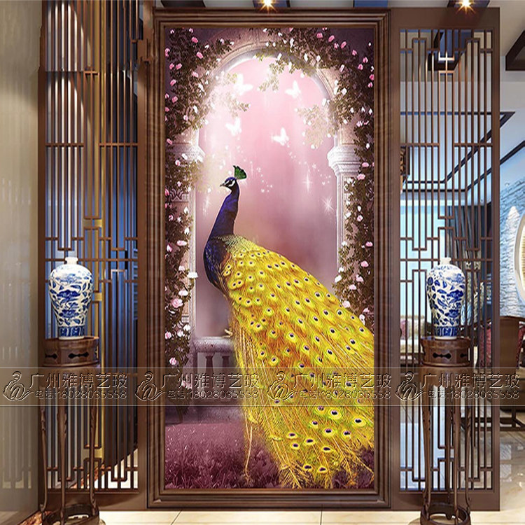 Modern tempered art glass Xuanguang aisle TV background wall screen partition wall Deep carving painting craft peacock