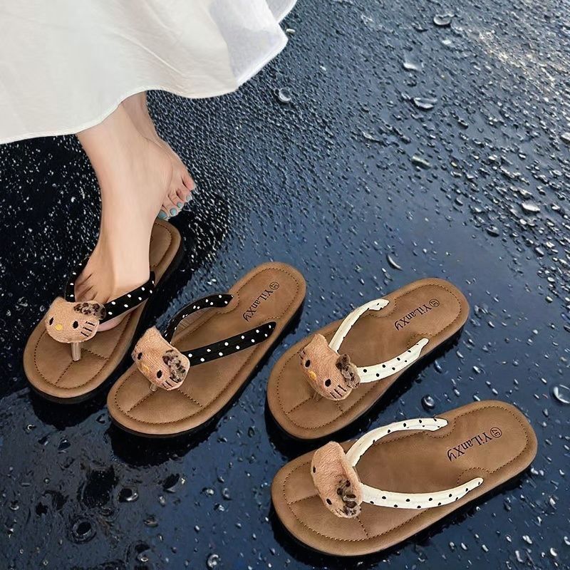Cute Hello Qiqi Summer Cartoon Flip-Flops for Outdoor Wear, Non-Slip Slippers, New Style Women's Beach Vacation Sandals