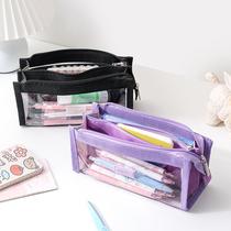 Mesh Pencil Bag Transparent Womens Simple Large Capacity Mens Mesh Ins Japanese Pencil Bag High-Looking Stationery Bag