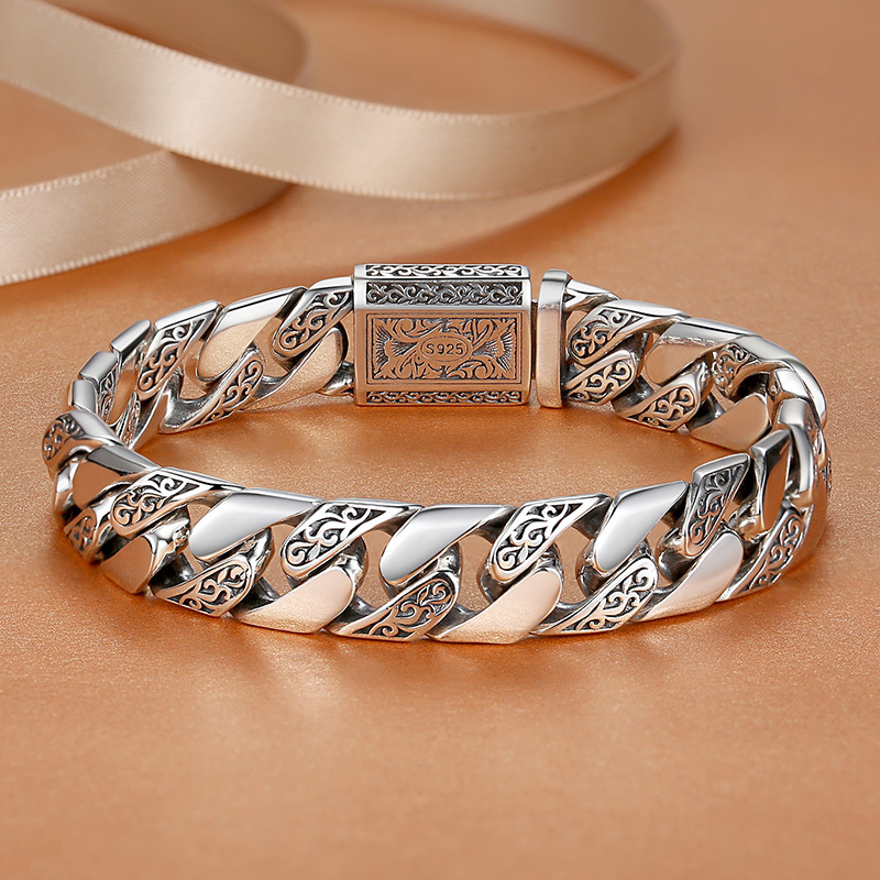 Tangcao Pattern Cuban Bracelet for Men, Pure Silver S925 Solid Vintage Bold Personality Trendy Punk Men's Silver Jewelry