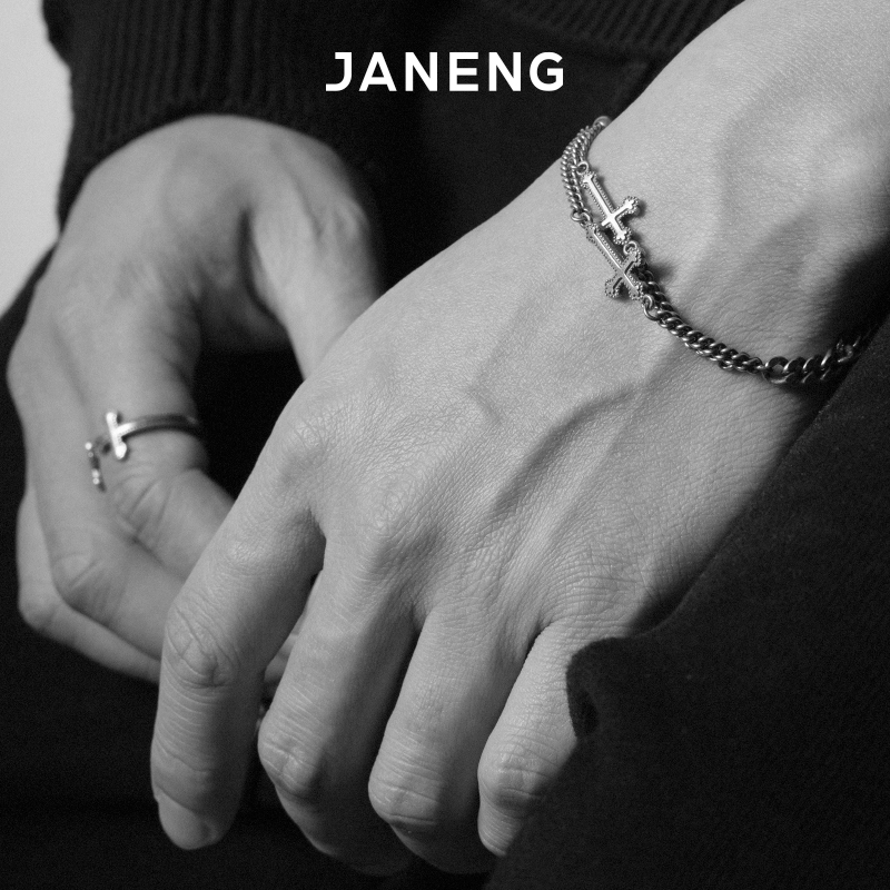 Janeng Chuaian 925 Silver Double Cross Patchwork Bracelet for Men and Women, Unisex, Vintage, Distressed, Dark Style Janeng Chuaian 925 Silver Double Cross Patchwork Bracelet for Men and Women, Unisex, Vintage, Distressed, Dark Style