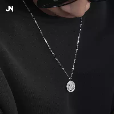 JANNENG 925 Silver Cube Zircon Smiley Pendant Full Diamond Inlaid Black Hip Hop Rap Necklace