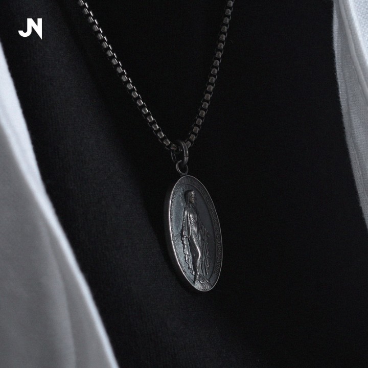JANNENG 925 STERLING SILVER Virgin MARY PENDANT for men and women PERSONALITY sweater chain Matte OLD Dark BLACK STYLE