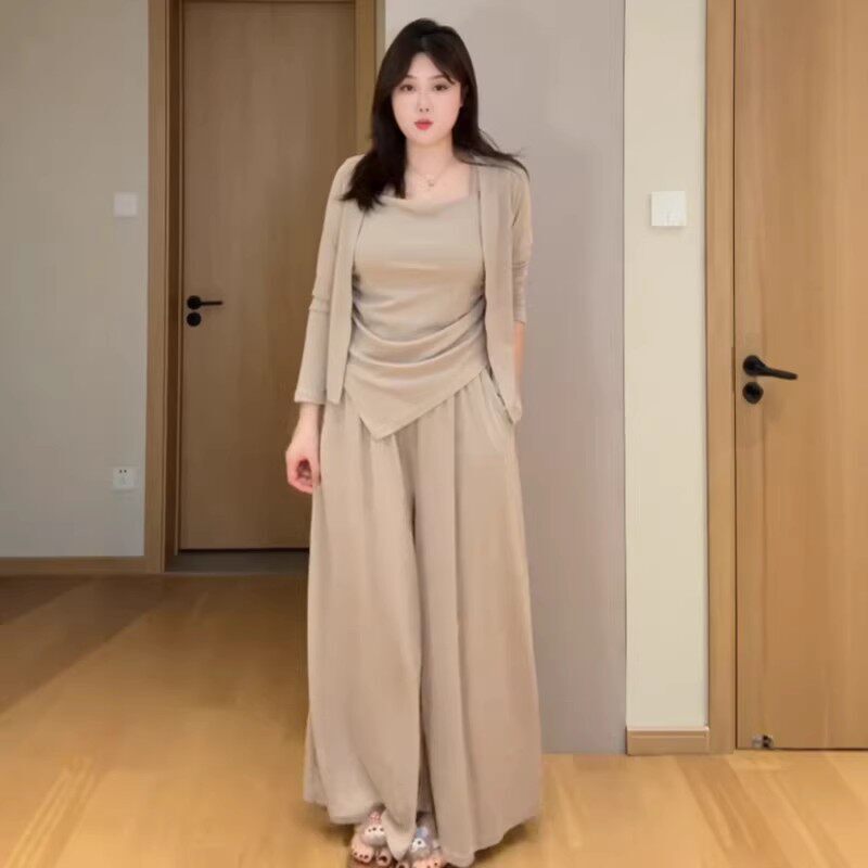 Plus-Size Korean Style Lazy Sun-Protective Cardigan Three-Piece Set for Women, Autumn Slimming and Drapey Wide-Leg Pants Set