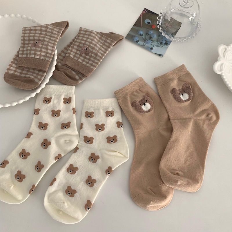 Japanese-Style Cute Bear Socks for Women ins Trendy Spring, Autumn, and Summer Thin Korean Cartoon Pure Cotton College Style Mid-Calf Socks