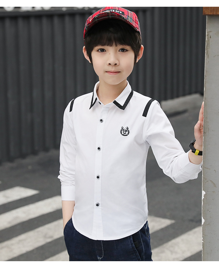 Quần áo bé trai Qiao Mi thỏ màu rắn 2018 mùa thu mới cho trẻ em lớn cotton cho trẻ em sơ mi cộc tay bé trai