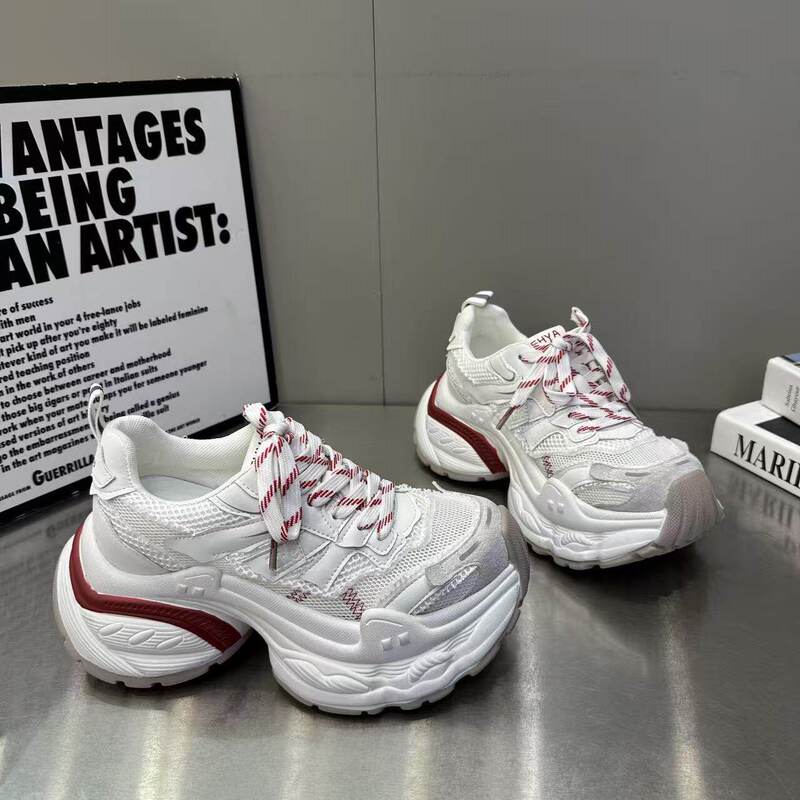 Genuine Leather Mesh Breathable White Dad Sneakers for Women ins Trendy 026 Spring and Summer New Thick-Soled Height-Increasing Sports White Shoes
